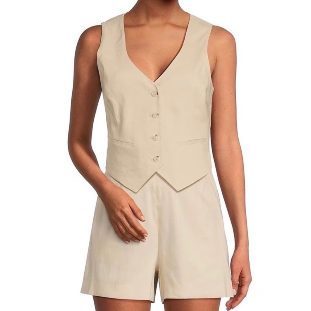 Antonio Melani Womens Linen Melinda Vest 2 Beige V Neck Tailored Old Money Chic